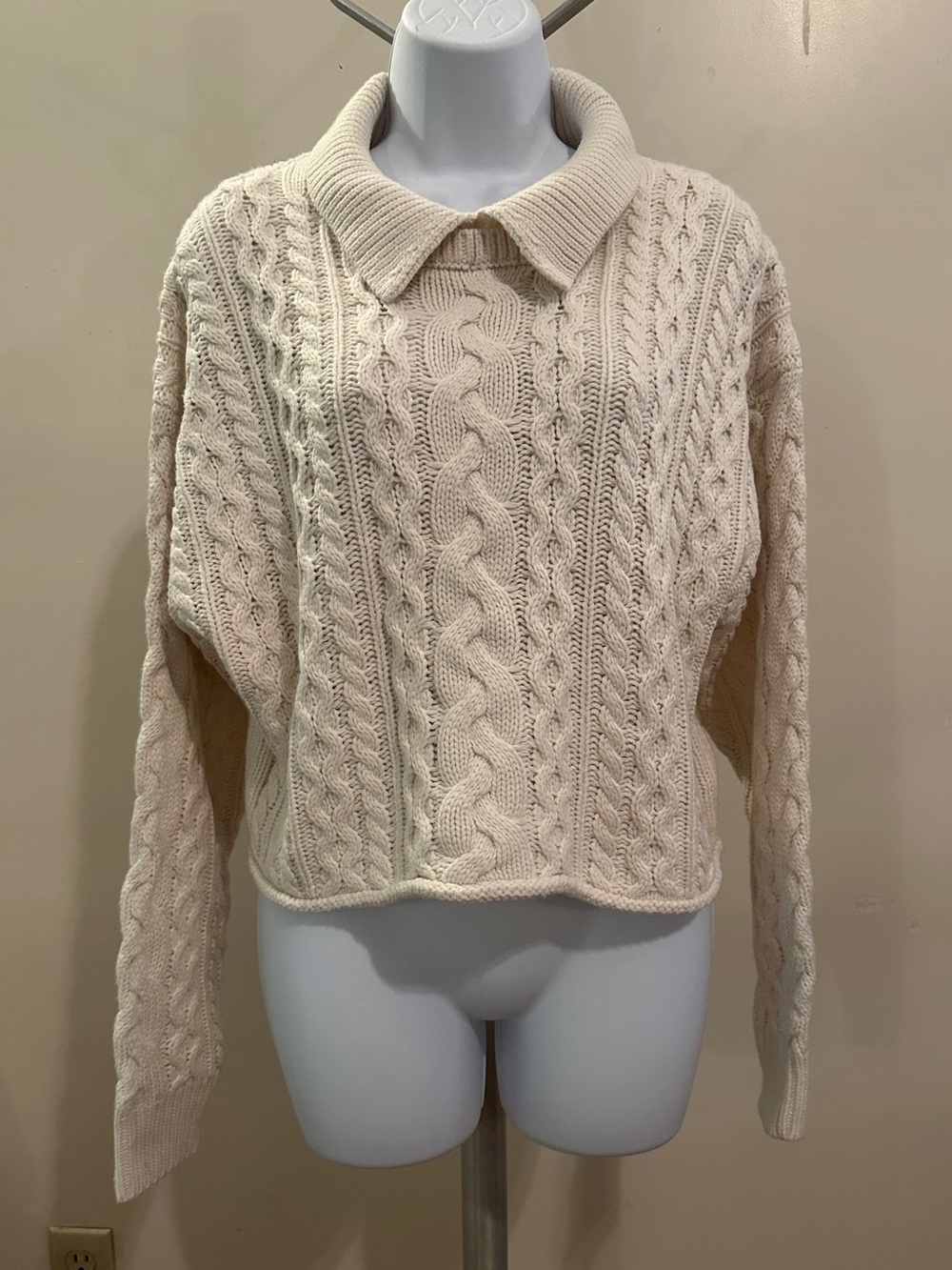 525 America Cream Cable-Knit Collared Sweater